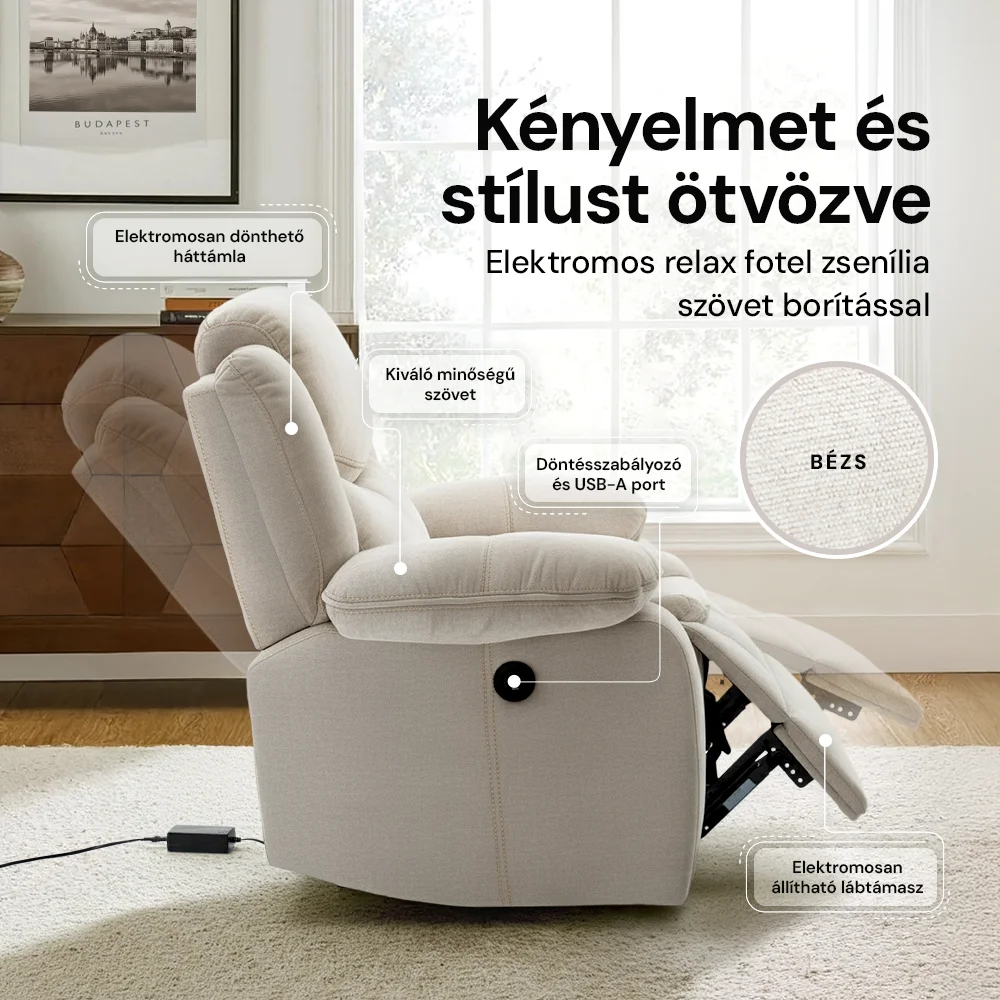 Elektromosan dönthető relax fekvőfotel, zsenília szövet (bézs) 