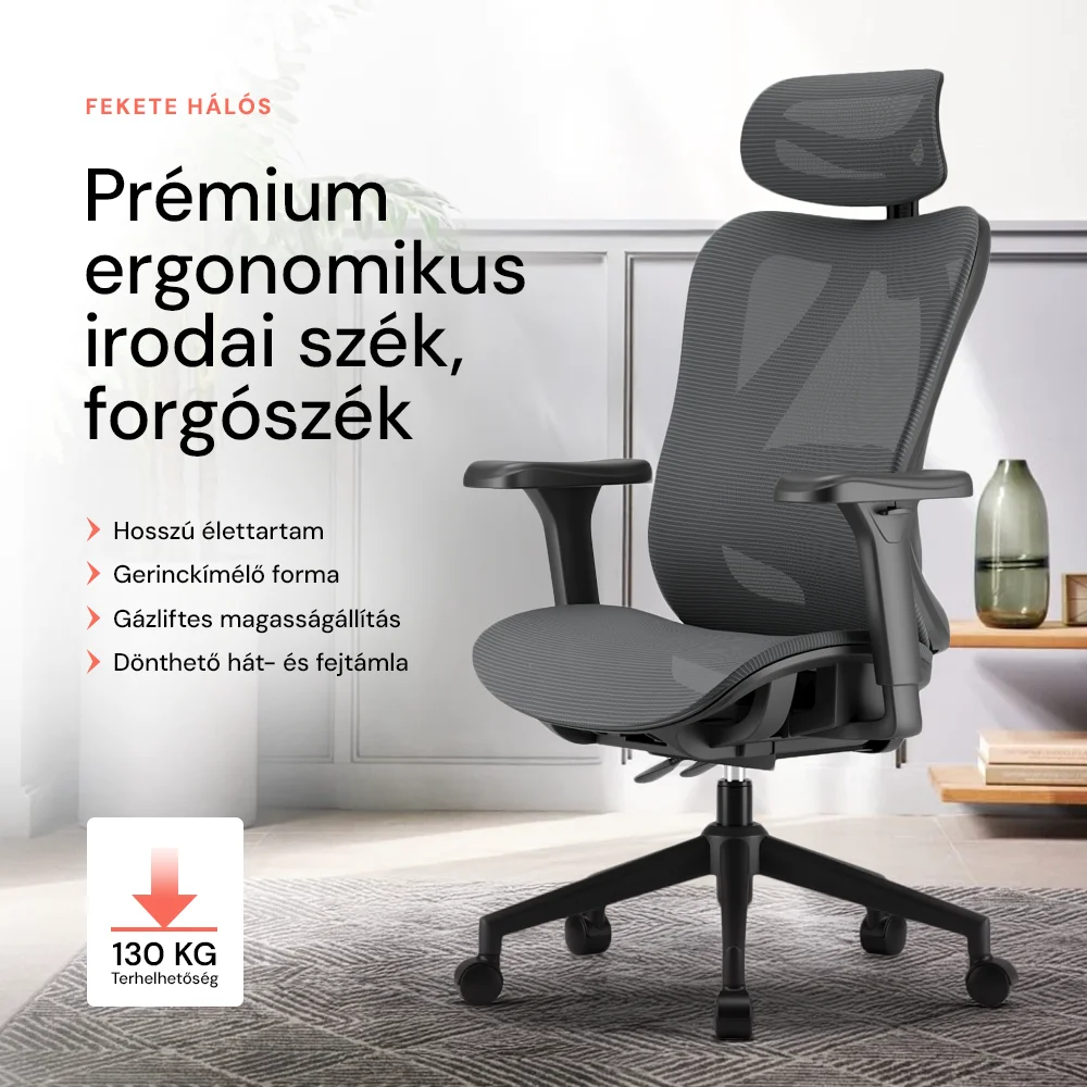 Ergonomikus irodai szék, forgószék, fekete (T15) hálós