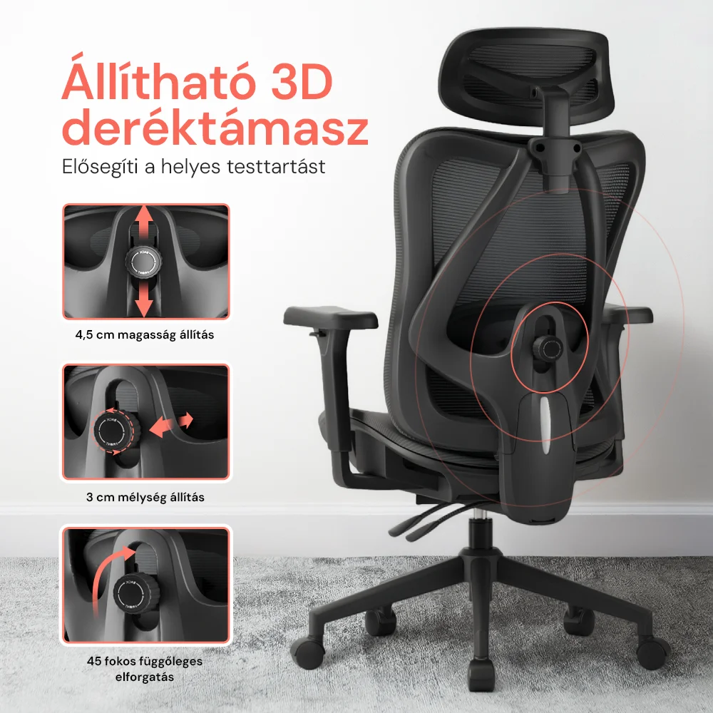 Ergonomikus irodai szék, forgószék, fekete (T15) hálós