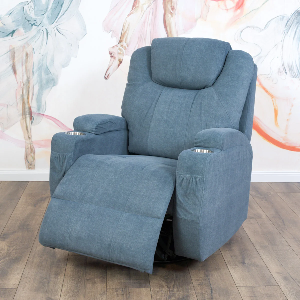 Elektromos relax fotelágy 8 pontos masszázs magyar nyelvű távirányítóval, ringató és forgatható funkció rozsdamentes pohártartó vízlepergető textil kékesszürke