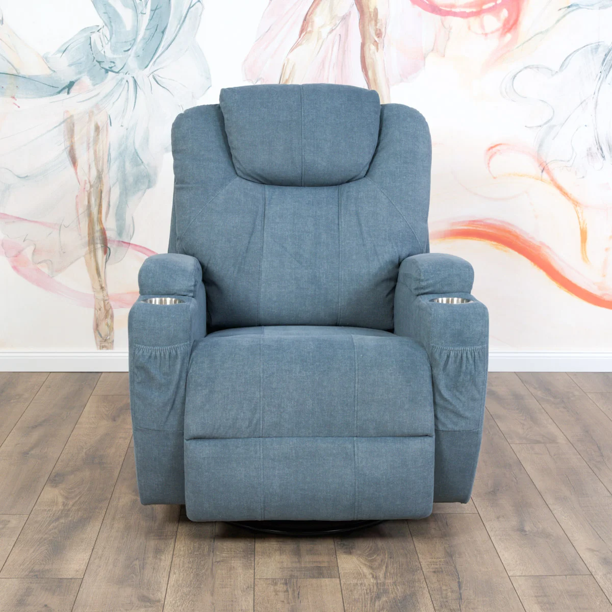 Elektromos relax fotelágy 8 pontos masszázs magyar nyelvű távirányítóval, ringató és forgatható funkció rozsdamentes pohártartó vízlepergető textil kékesszürke