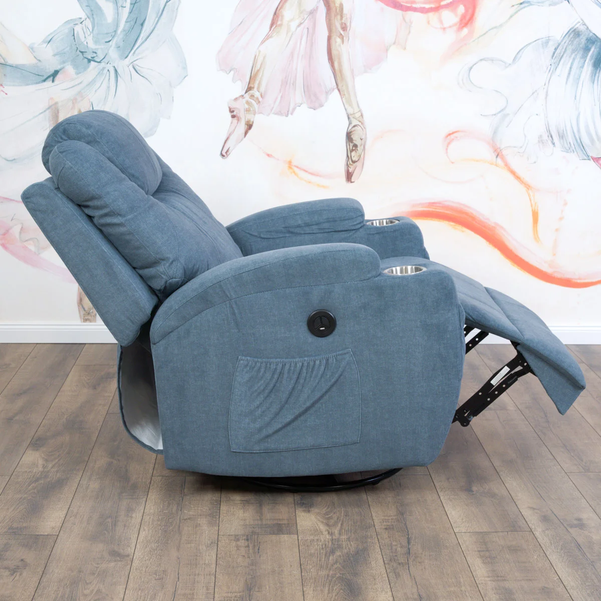 Elektromos relax fotelágy 8 pontos masszázs magyar nyelvű távirányítóval, ringató és forgatható funkció rozsdamentes pohártartó vízlepergető textil kékesszürke