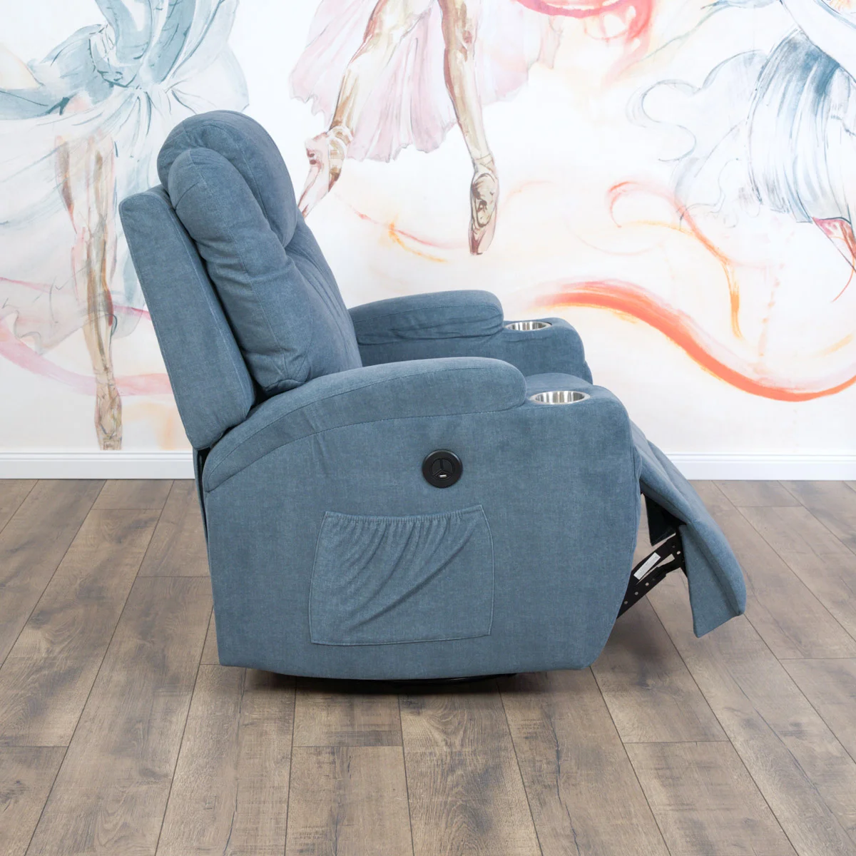 Elektromos relax fotelágy 8 pontos masszázs magyar nyelvű távirányítóval, ringató és forgatható funkció rozsdamentes pohártartó vízlepergető textil kékesszürke