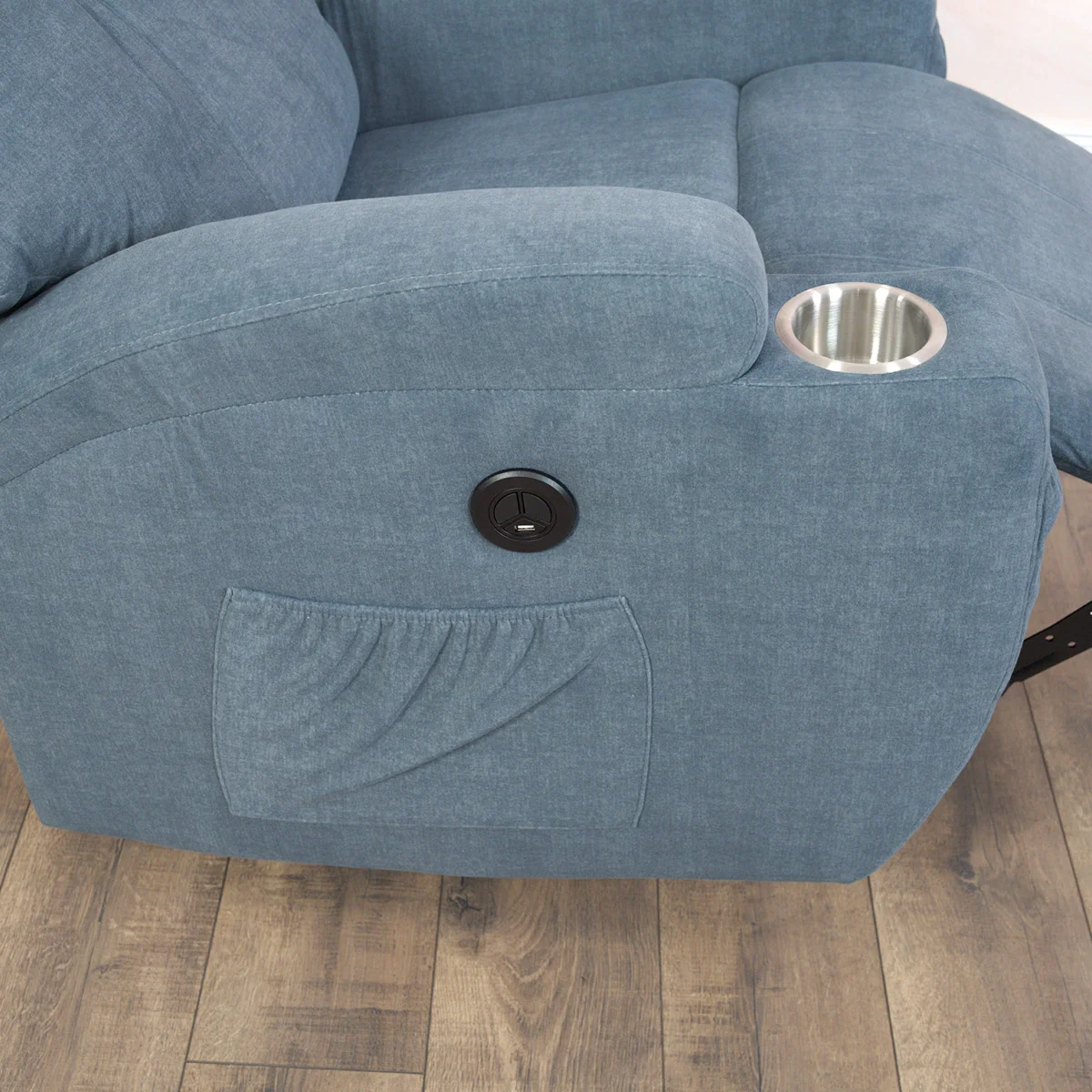 Elektromos relax fotelágy 8 pontos masszázs magyar nyelvű távirányítóval, ringató és forgatható funkció rozsdamentes pohártartó vízlepergető textil kékesszürke