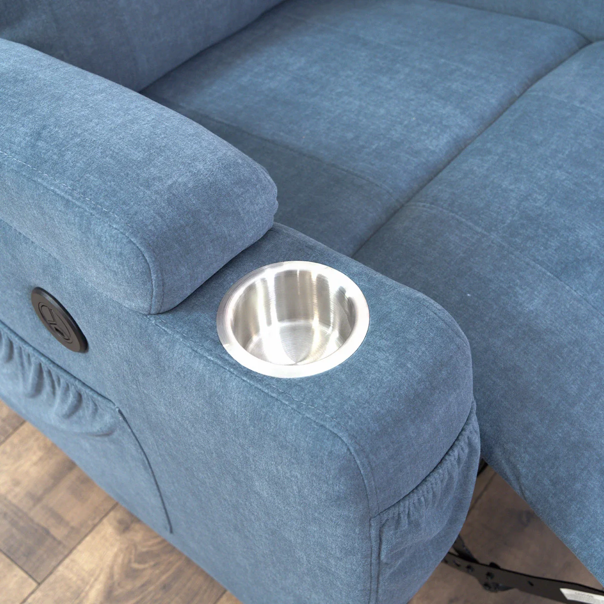 Elektromos relax fotelágy 8 pontos masszázs magyar nyelvű távirányítóval, ringató és forgatható funkció rozsdamentes pohártartó vízlepergető textil kékesszürke