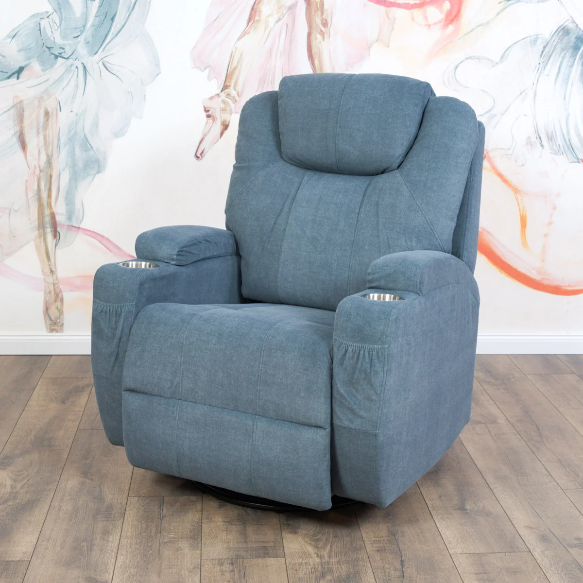 Elektromos relax fotelágy 8 pontos masszázs magyar nyelvű távirányítóval, ringató és forgatható funkció rozsdamentes pohártartó vízlepergető textil kékesszürke