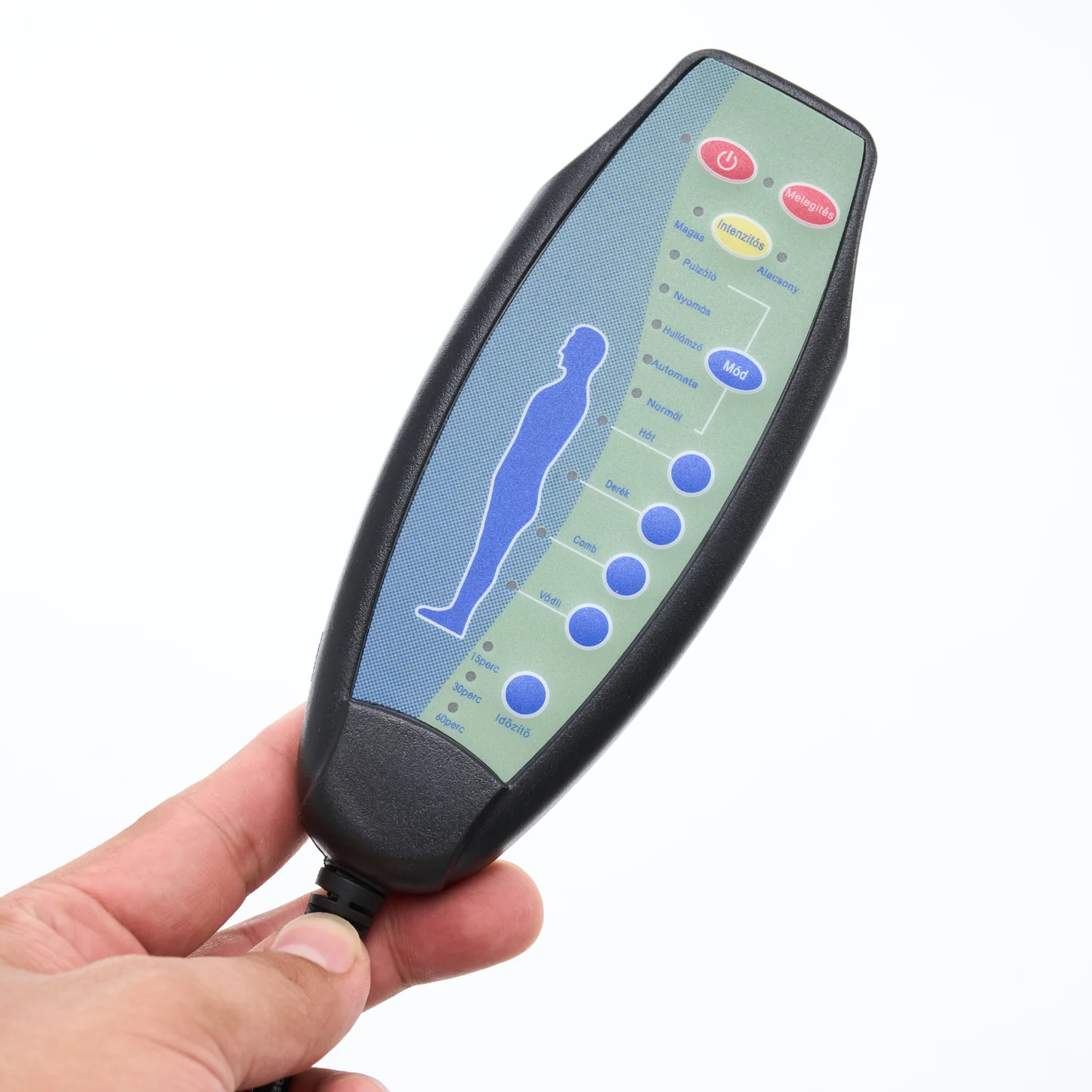 Elektromos relax fotelágy 8 pontos masszázs magyar nyelvű távirányítóval, ringató és forgatható funkció rozsdamentes pohártartó vízlepergető textil kékesszürke