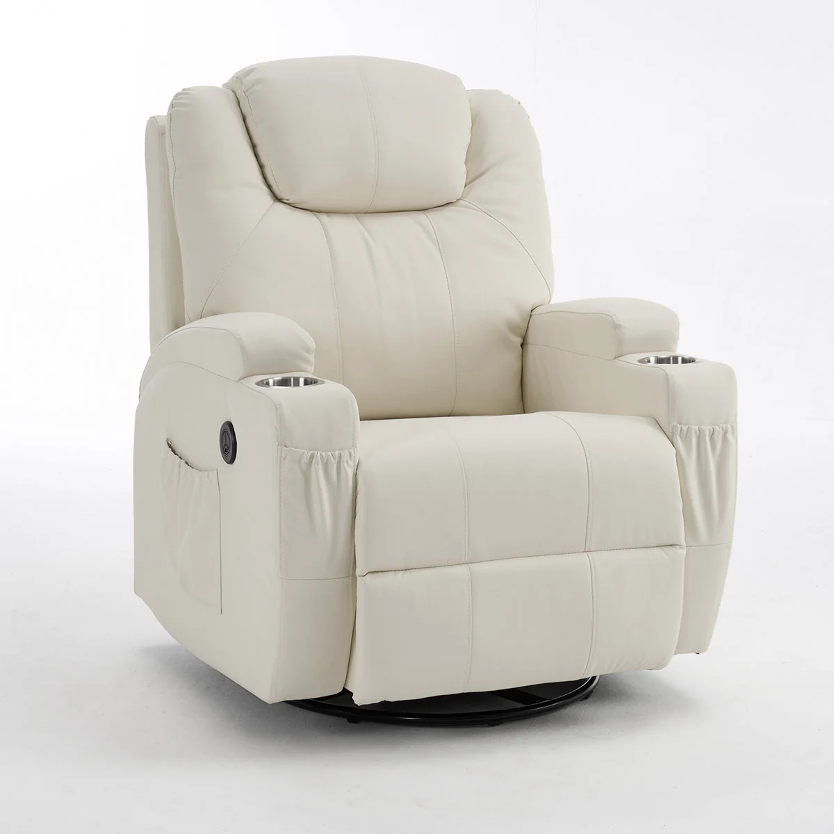 Elektromos fekvőfotel, relax fotelágy 8 pontos masszázs magyar nyelvű távirányítóval, ringató, forgatható, rozsdamentes pohártartó AIR leather bézs