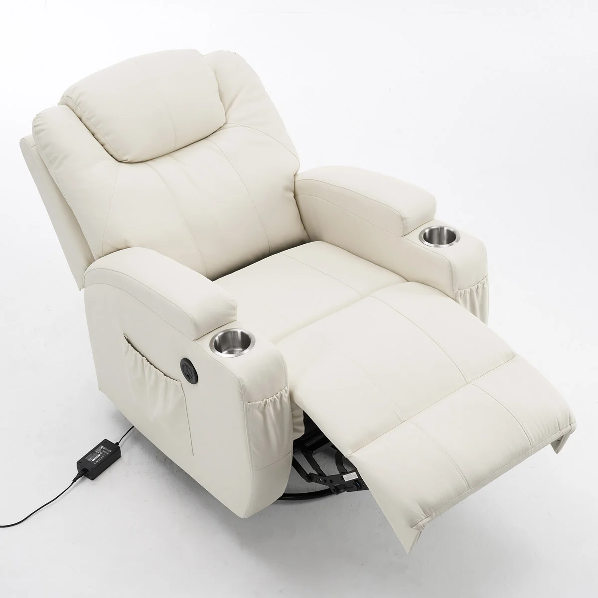 Elektromos fekvőfotel, relax fotelágy 8 pontos masszázs magyar nyelvű távirányítóval, ringató, forgatható, rozsdamentes pohártartó AIR leather bézs