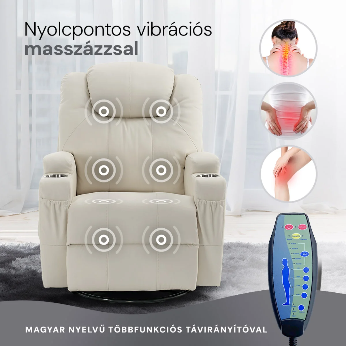 Elektromos fekvőfotel, relax fotelágy 8 pontos masszázs magyar nyelvű távirányítóval, ringató, forgatható, rozsdamentes pohártartó AIR leather bézs