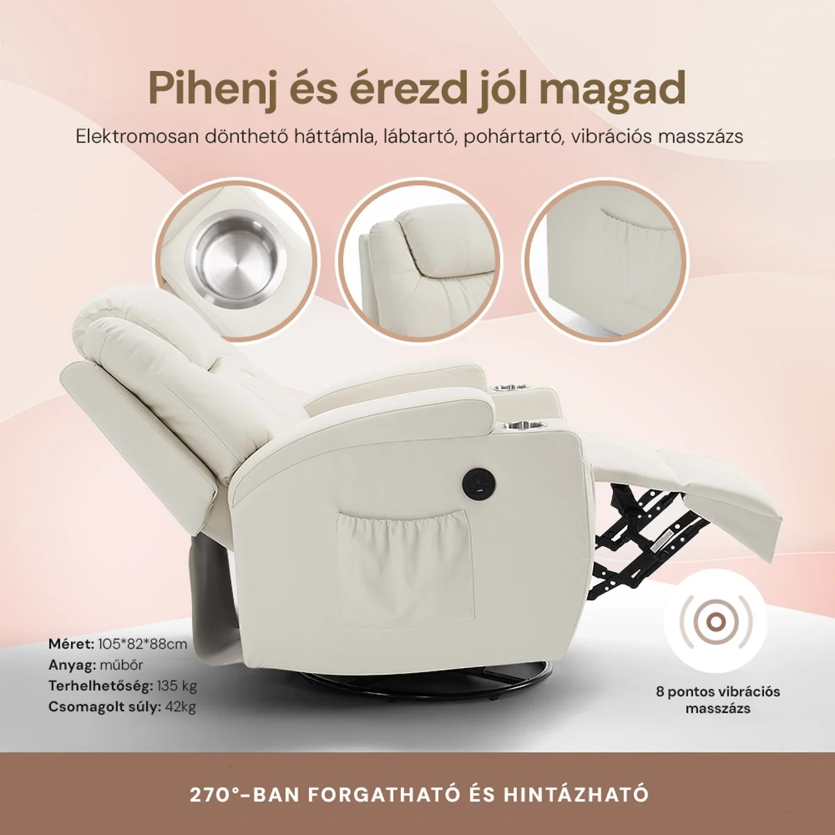 Elektromos fekvőfotel, relax fotelágy 8 pontos masszázs magyar nyelvű távirányítóval, ringató, forgatható, rozsdamentes pohártartó AIR leather bézs