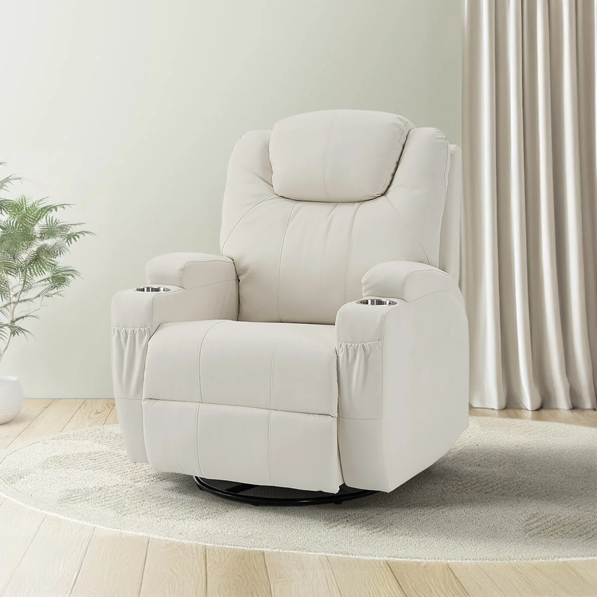 Elektromos fekvőfotel, relax fotelágy 8 pontos masszázs magyar nyelvű távirányítóval, ringató, forgatható, rozsdamentes pohártartó AIR leather bézs