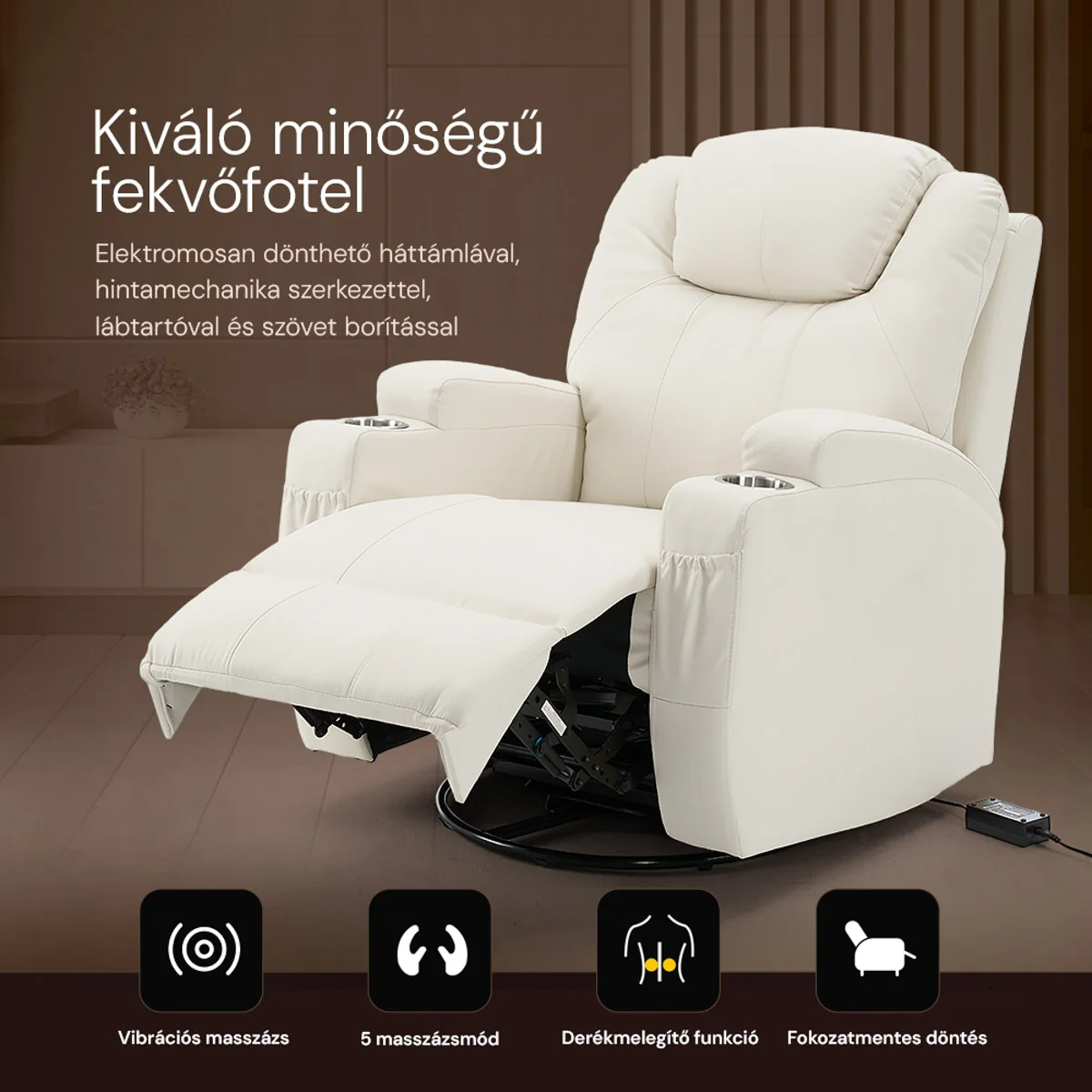 Elektromos fekvőfotel, relax fotelágy 8 pontos masszázs magyar nyelvű távirányítóval, ringató, forgatható, rozsdamentes pohártartó AIR leather bézs
