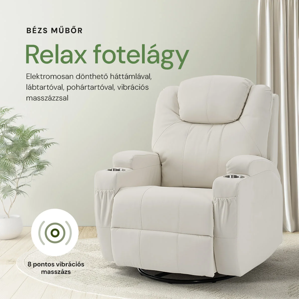 Elektromos fekvőfotel, relax fotelágy 8 pontos masszázs magyar nyelvű távirányítóval, ringató, forgatható, rozsdamentes pohártartó AIR leather bézs