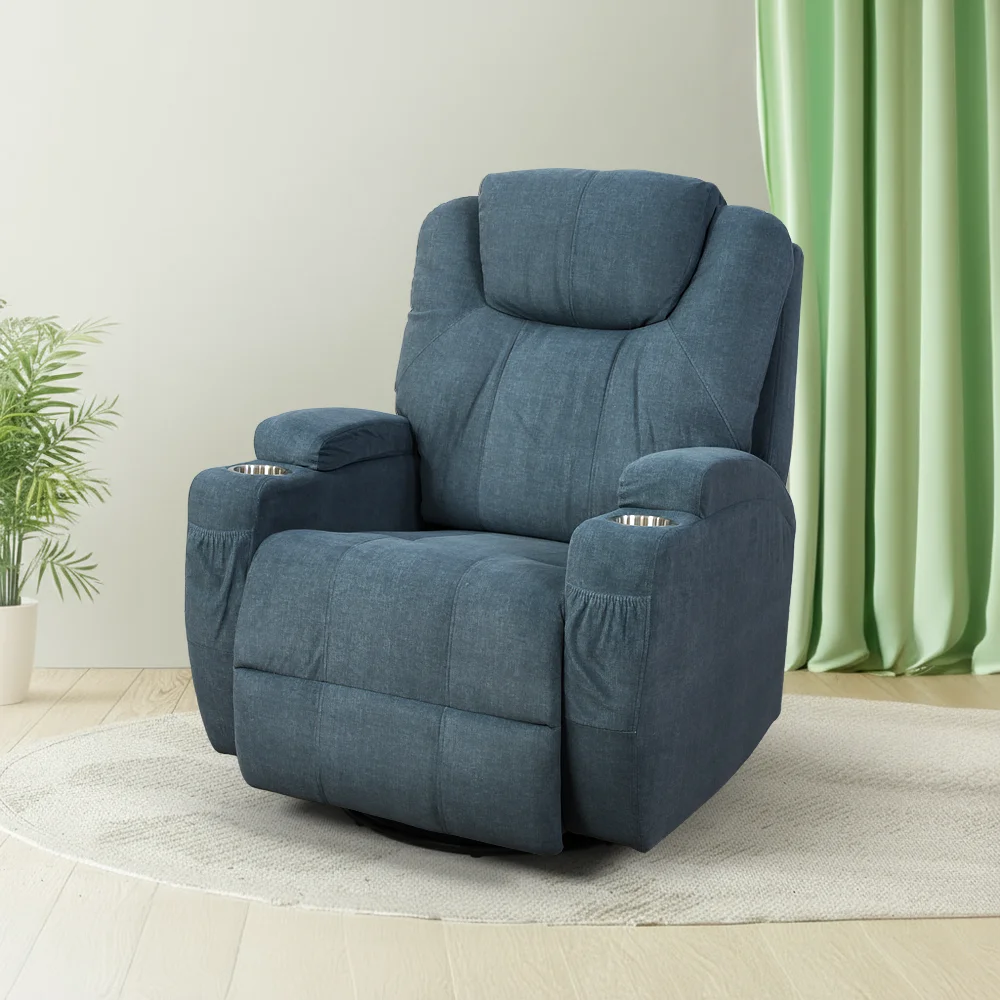 Elektromos relax fotelágy 8 pontos masszázs magyar nyelvű távirányítóval, ringató és forgatható funkció rozsdamentes pohártartó vízlepergető textil kékesszürke