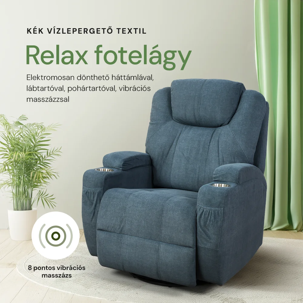 Elektromos relax fotelágy 8 pontos masszázs magyar nyelvű távirányítóval, ringató és forgatható funkció rozsdamentes pohártartó vízlepergető textil kékesszürke