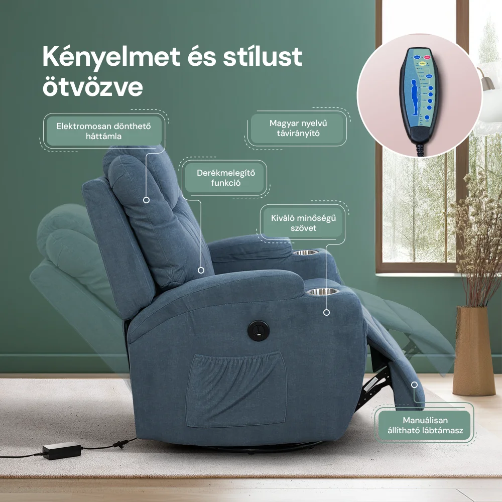 Elektromos relax fotelágy 8 pontos masszázs magyar nyelvű távirányítóval, ringató és forgatható funkció rozsdamentes pohártartó vízlepergető textil kékesszürke