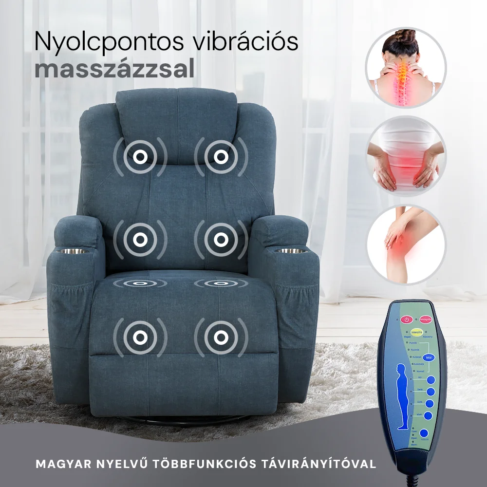Elektromos relax fotelágy 8 pontos masszázs magyar nyelvű távirányítóval, ringató és forgatható funkció rozsdamentes pohártartó vízlepergető textil kékesszürke