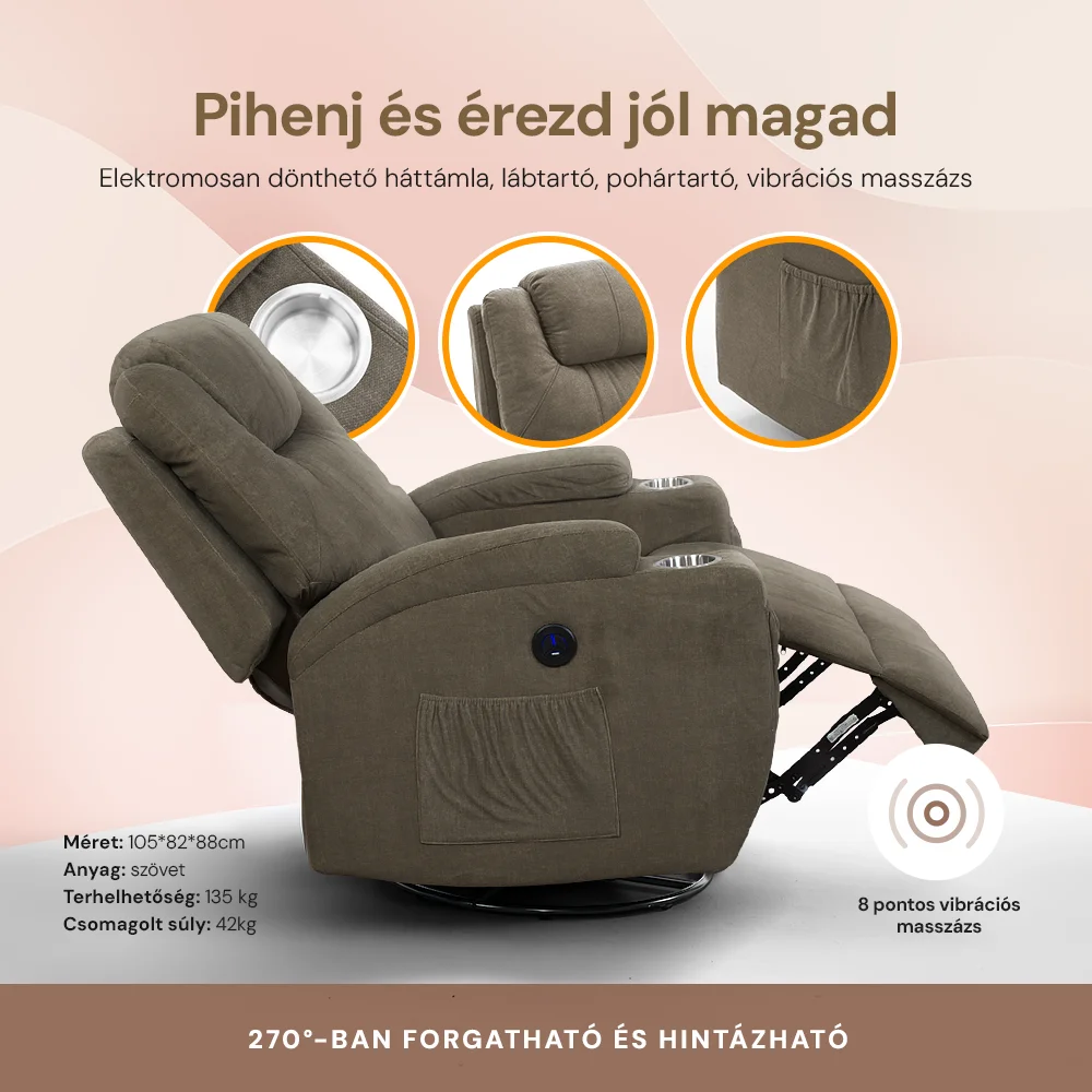 Elektromos relax fotelágy 8 pontos masszázs magyar nyelvű távirányítóval, ringató és forgatható funkció rozsdamentes pohártartó vízlepergető textil barna 8#