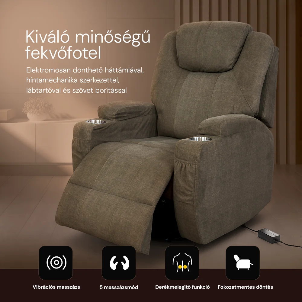 Elektromos relax fotelágy 8 pontos masszázs magyar nyelvű távirányítóval, ringató és forgatható funkció rozsdamentes pohártartó vízlepergető textil barna 8#