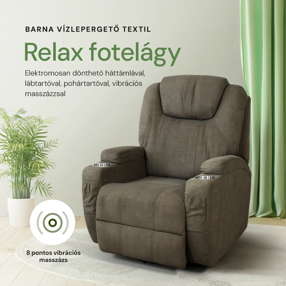 Elektromos relax fotelágy 8 pontos masszázs magyar nyelvű távirányítóval, ringató és forgatható funkció rozsdamentes pohártartó vízlepergető textil barna 8#