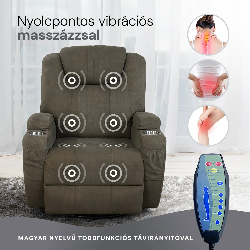 Elektromos relax fotelágy 8 pontos masszázs magyar nyelvű távirányítóval, ringató és forgatható funkció rozsdamentes pohártartó vízlepergető textil barna 8#