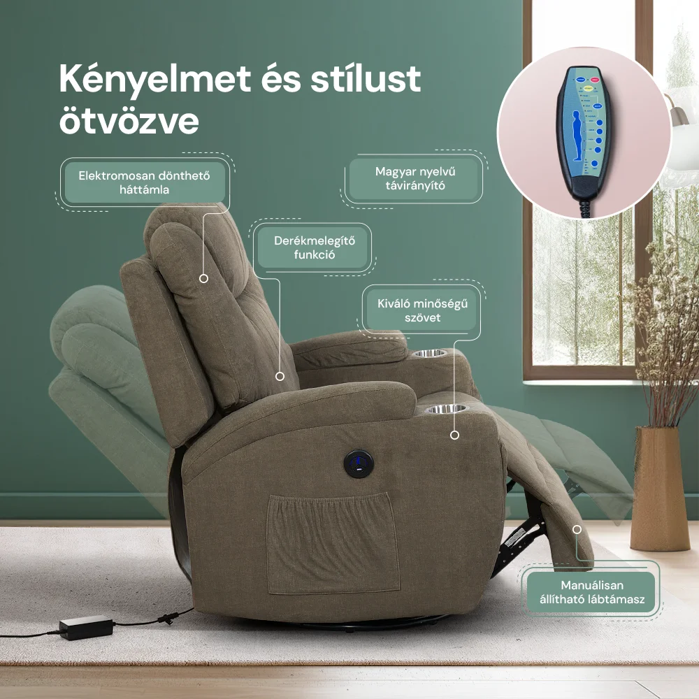 Elektromos relax fotelágy 8 pontos masszázs magyar nyelvű távirányítóval, ringató és forgatható funkció rozsdamentes pohártartó vízlepergető textil barna 8#