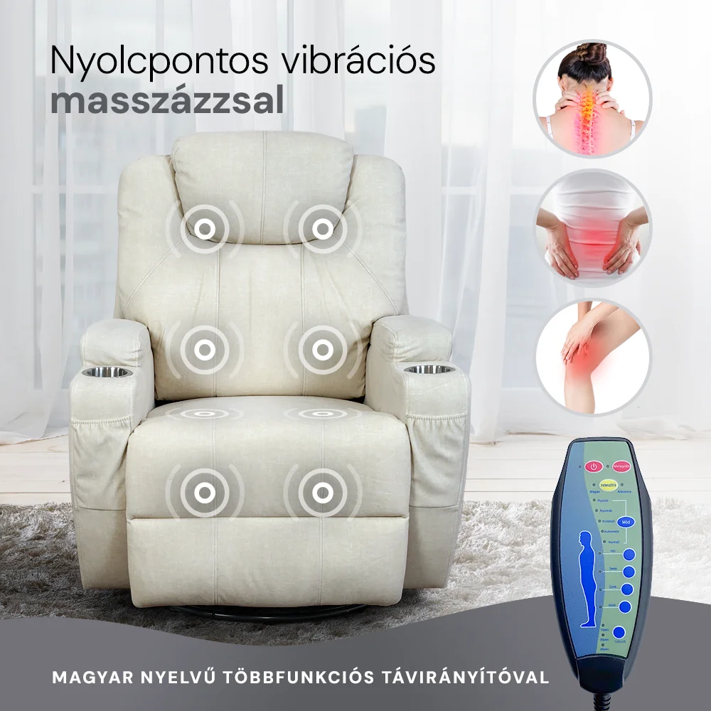 Elektromos relax fotelágy 8 pontos masszázs magyar nyelvű távirányítóval, ringató és forgatható funkció rozsdamentes pohártartó vízlepergető textil bézs 2#