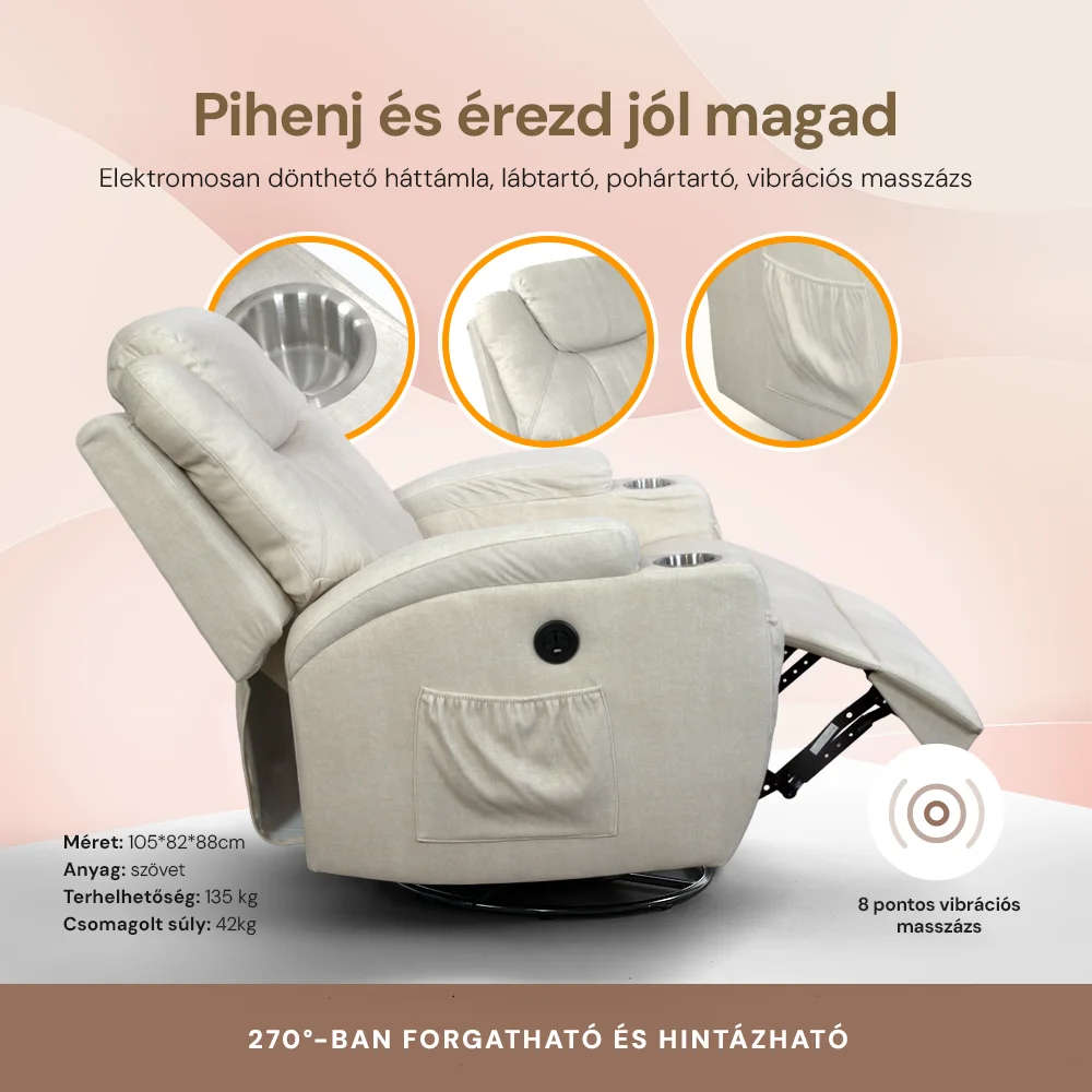 Elektromos relax fotelágy 8 pontos masszázs magyar nyelvű távirányítóval, ringató és forgatható funkció rozsdamentes pohártartó vízlepergető textil bézs 2#