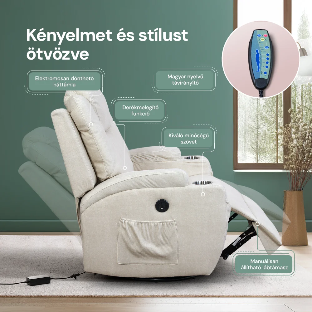 Elektromos relax fotelágy 8 pontos masszázs magyar nyelvű távirányítóval, ringató és forgatható funkció rozsdamentes pohártartó vízlepergető textil bézs 2#