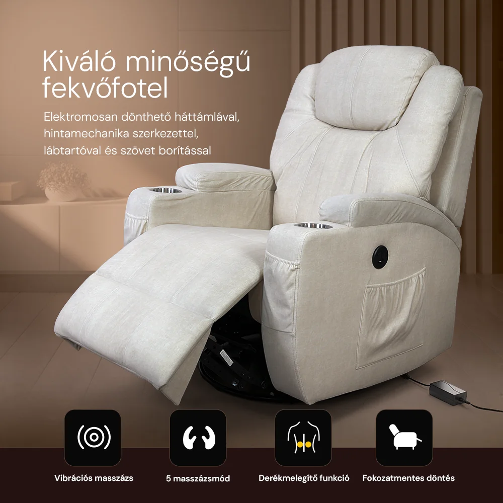Elektromos relax fotelágy 8 pontos masszázs magyar nyelvű távirányítóval, ringató és forgatható funkció rozsdamentes pohártartó vízlepergető textil bézs 2#