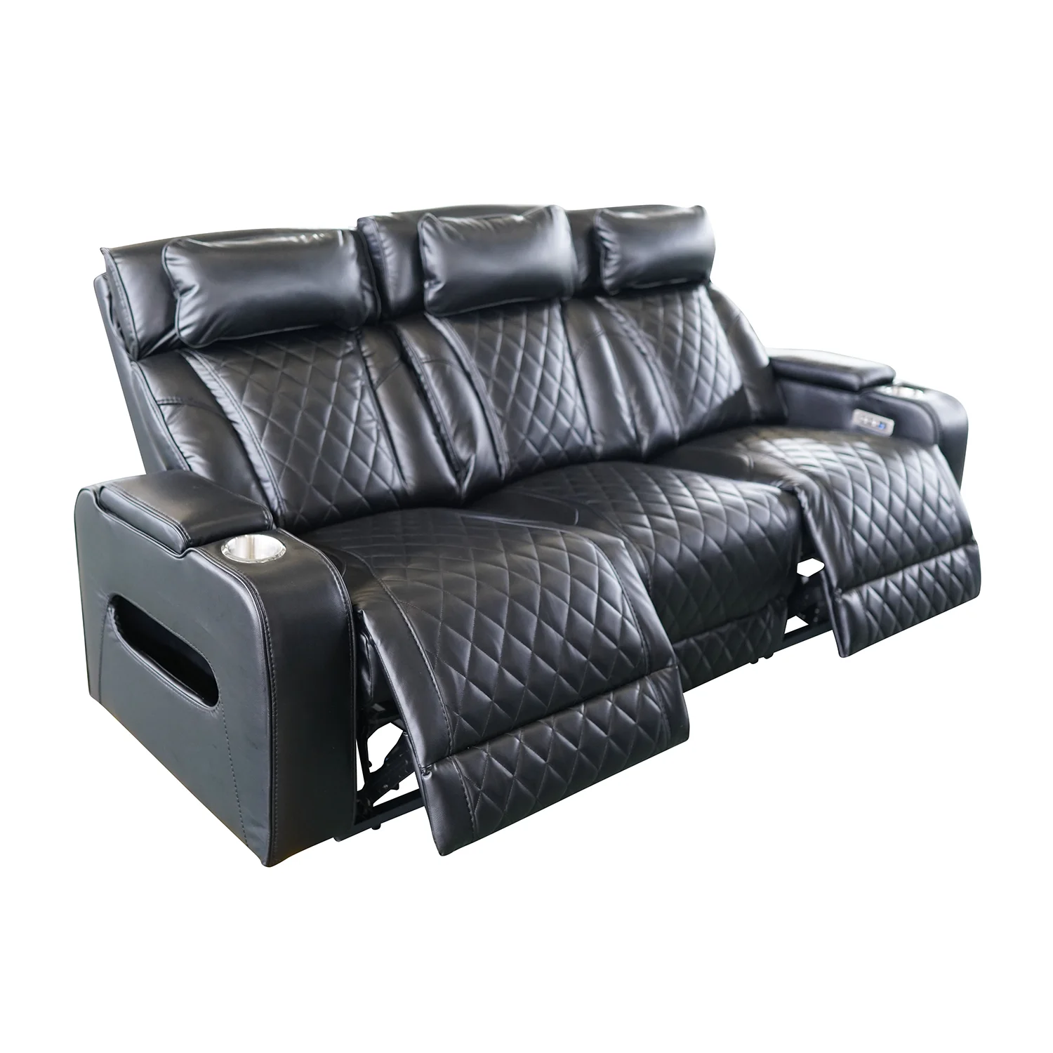 Luxus, háromszemélyes elektromos relax fotel, lábtartóval, pohártartóval, világítással AirLeather fekete