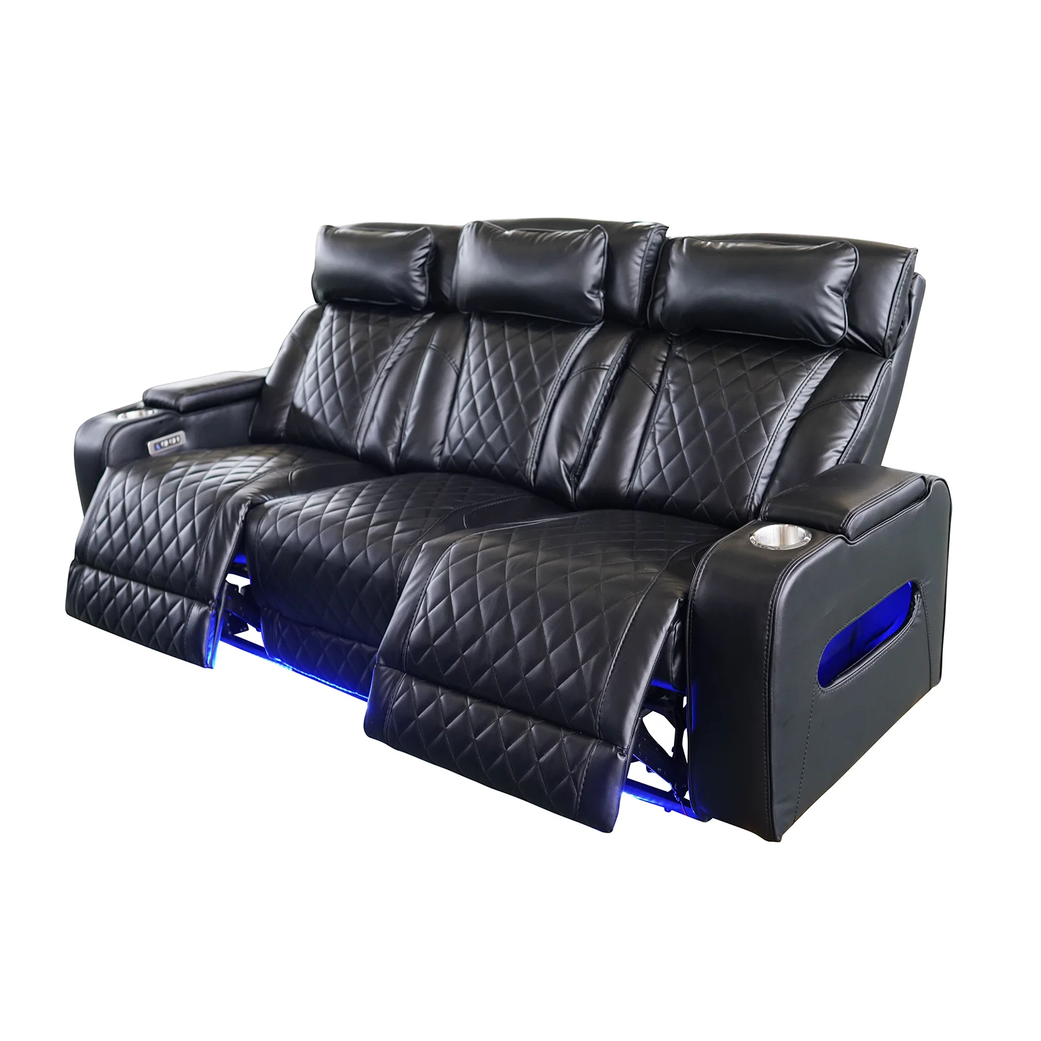 Luxus, háromszemélyes elektromos relax fotel, lábtartóval, pohártartóval, világítással AirLeather fekete