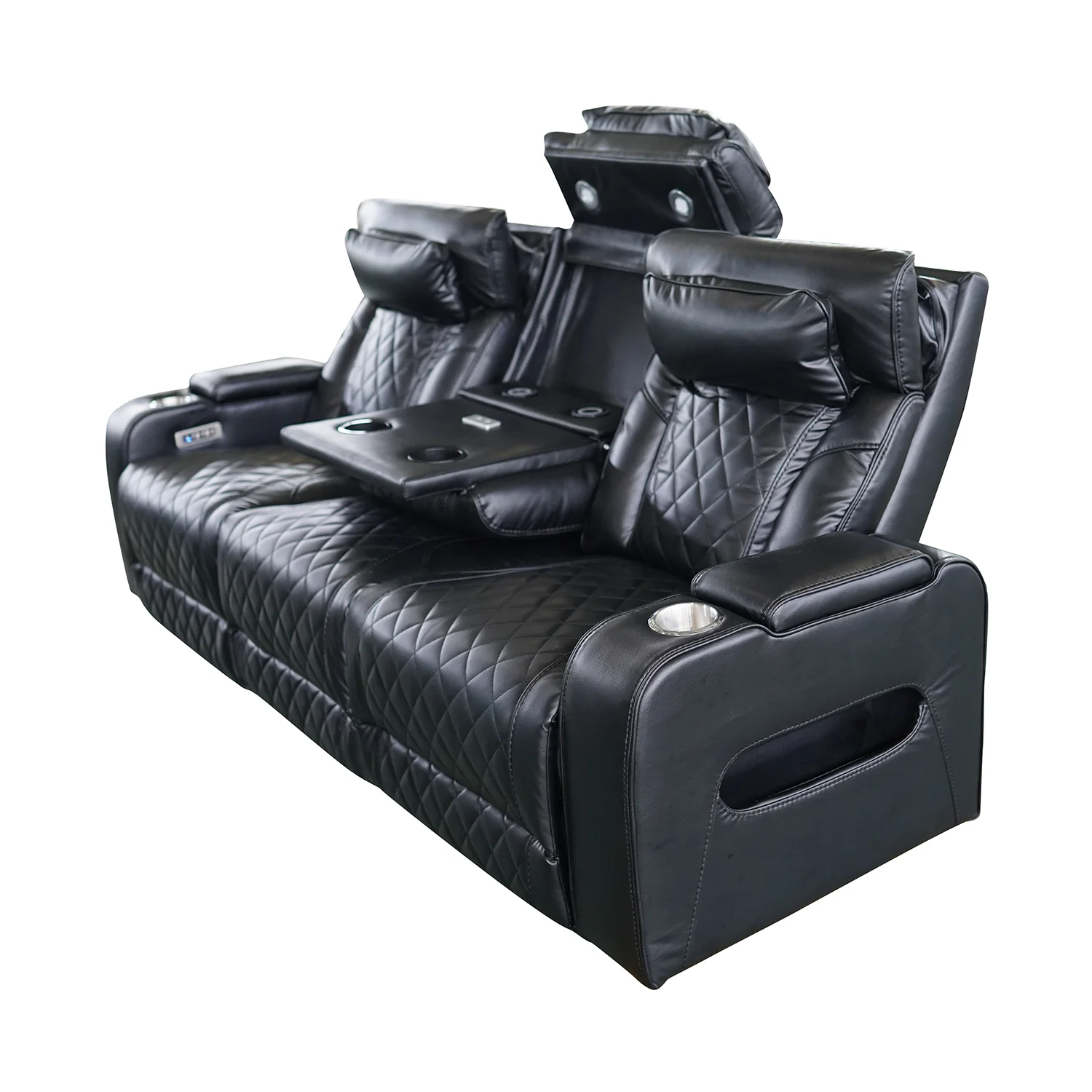 Luxus, háromszemélyes elektromos relax fotel, lábtartóval, pohártartóval, világítással AirLeather fekete