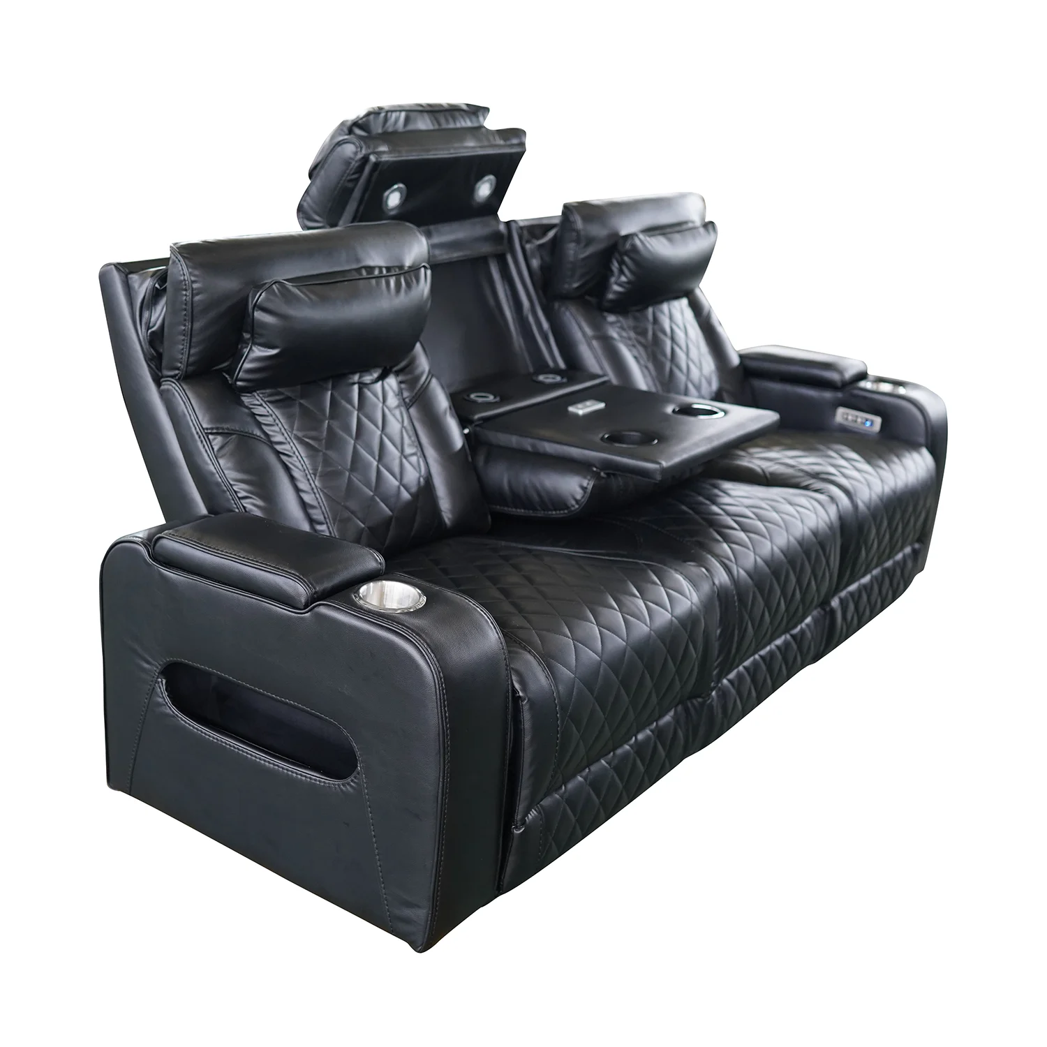 Luxus, háromszemélyes elektromos relax fotel, lábtartóval, pohártartóval, világítással AirLeather fekete