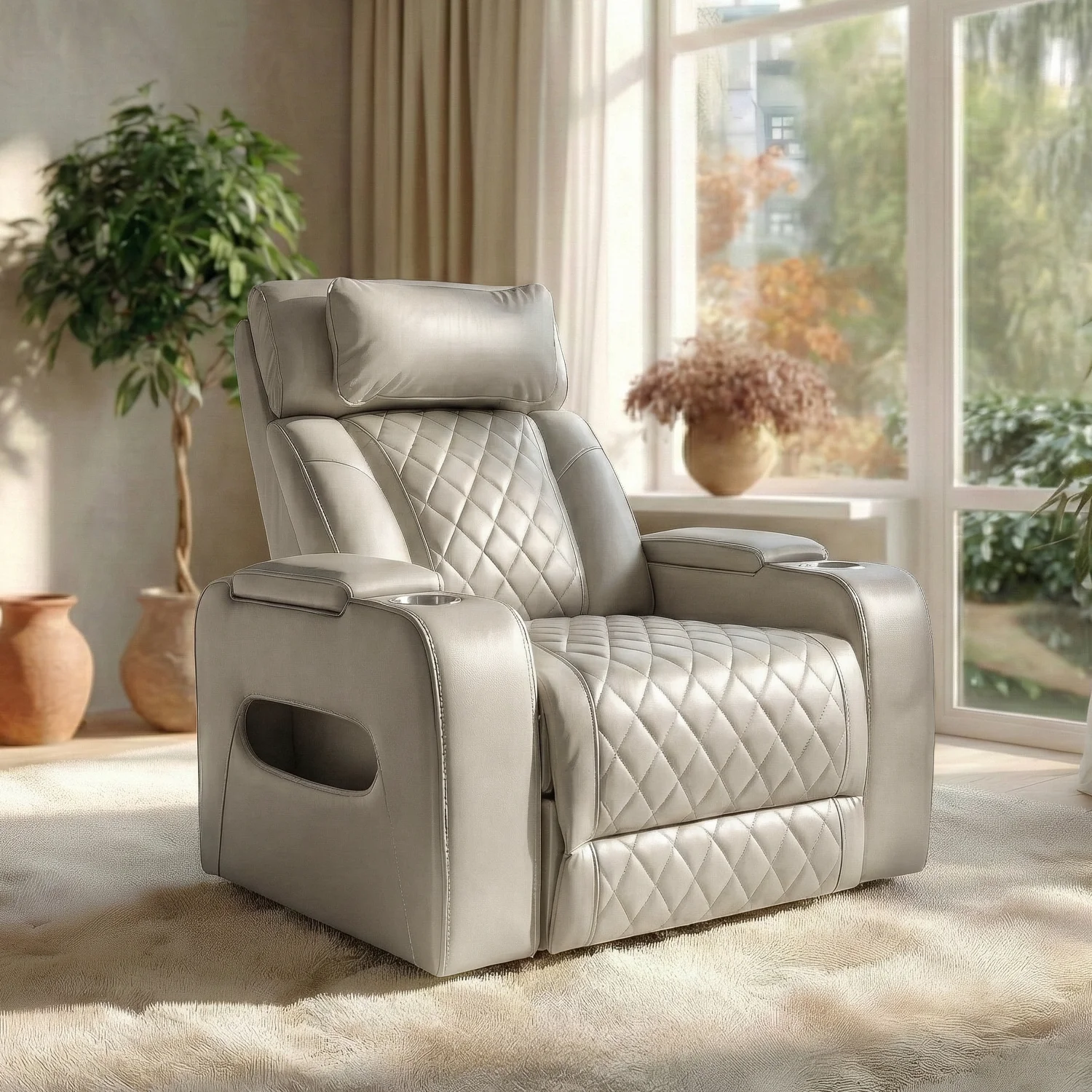 Luxus elektromos relax fotel, lábtartóval, pohártartóval, világítással AirLeather bézs