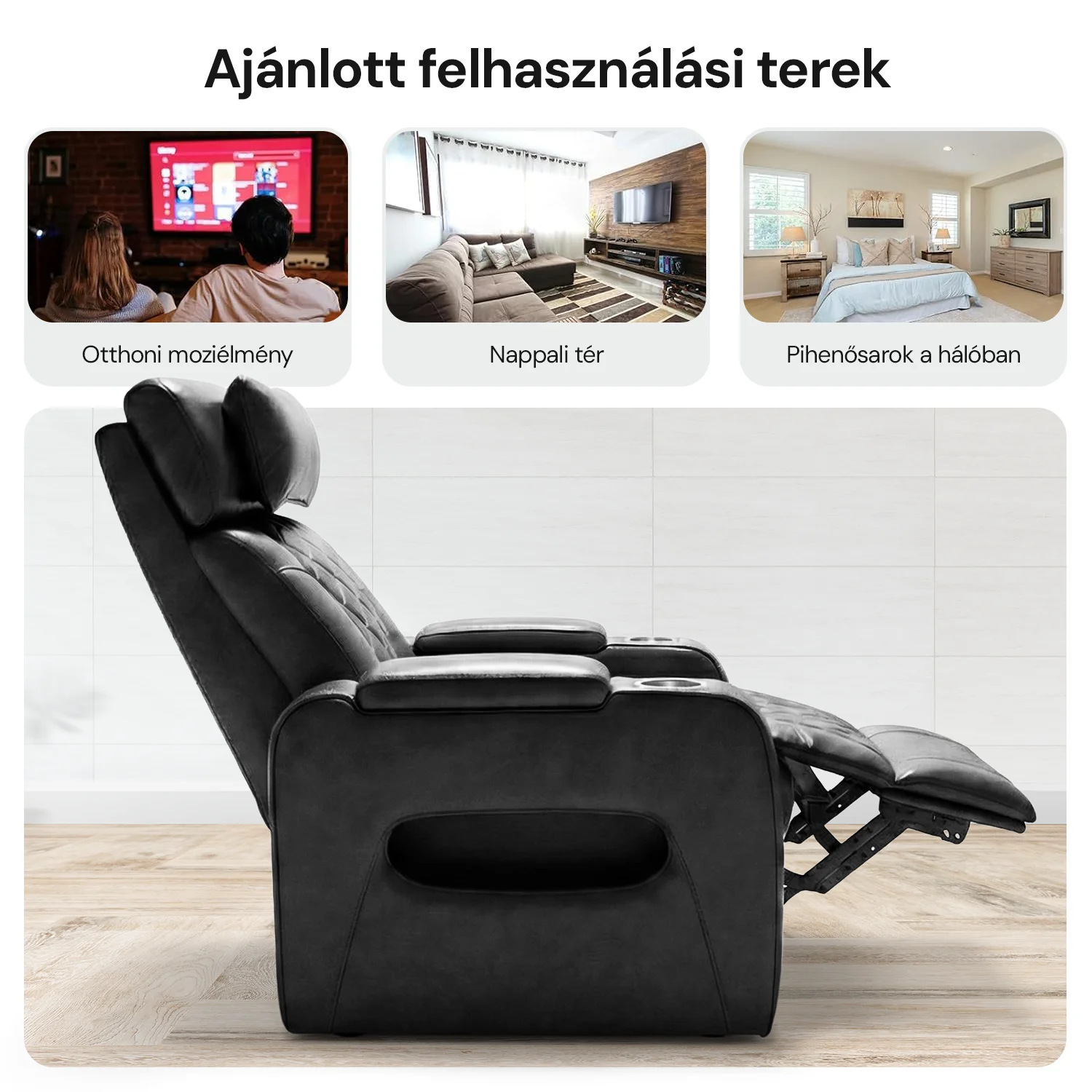 Luxus elektromos relax fotel, lábtartóval, pohártartóval, világítással AirLeather fekete