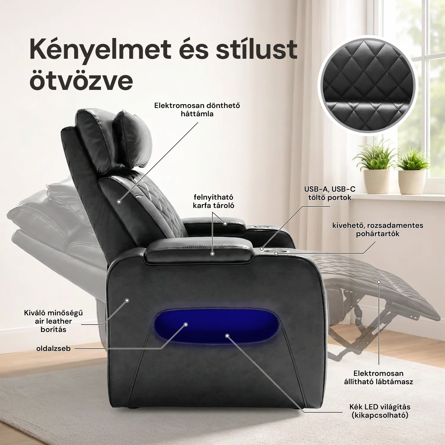 Luxus elektromos relax fotel, lábtartóval, pohártartóval, világítással AirLeather fekete