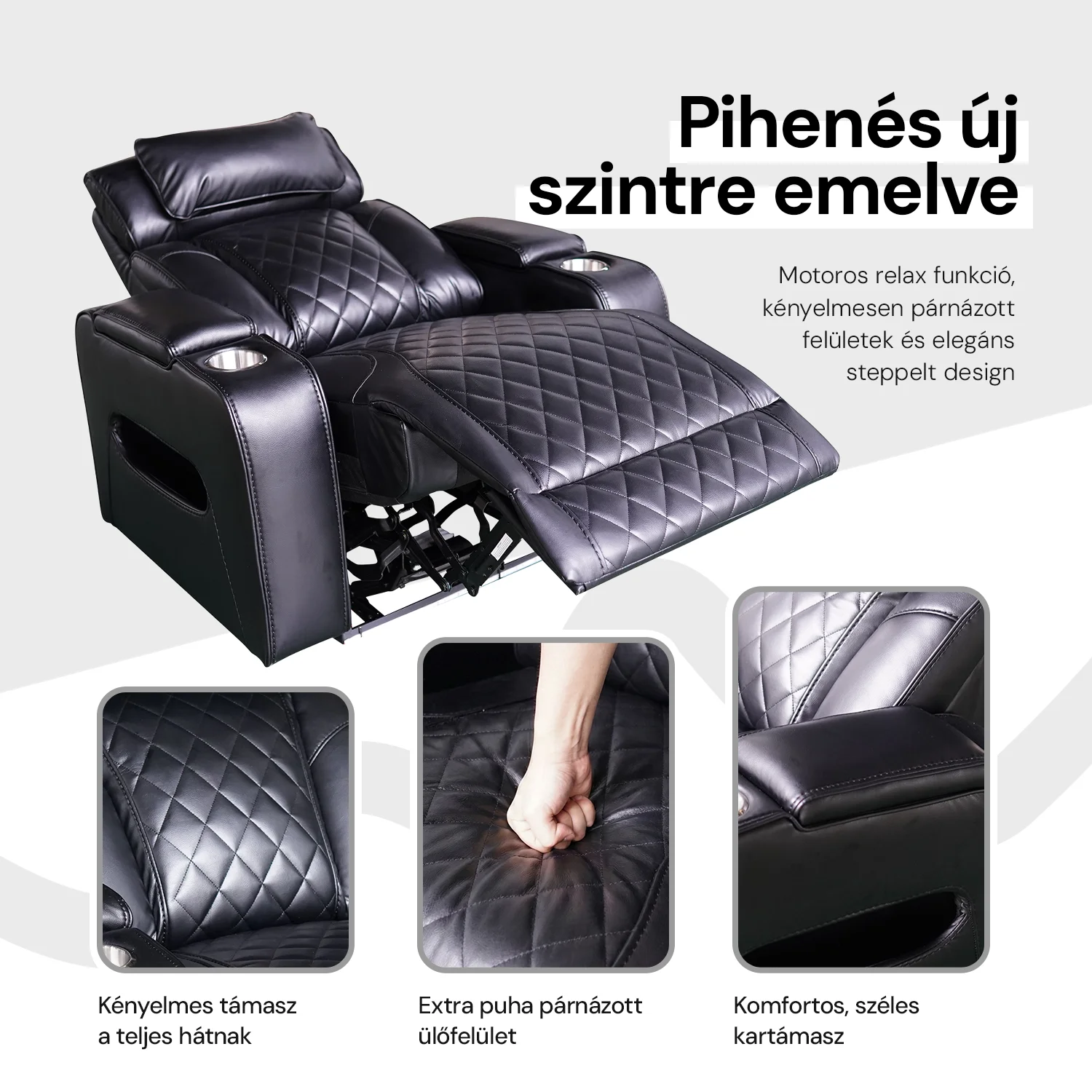 Luxus elektromos relax fotel, lábtartóval, pohártartóval, világítással AirLeather fekete