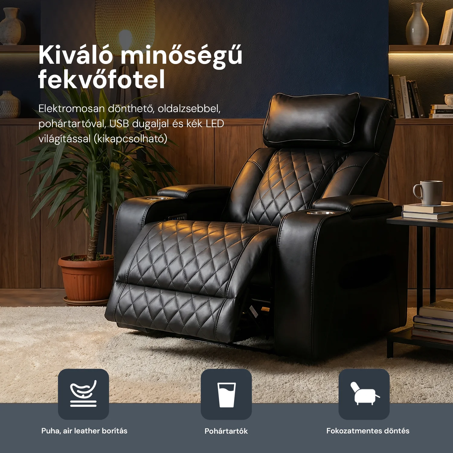 Luxus elektromos relax fotel, lábtartóval, pohártartóval, világítással AirLeather fekete