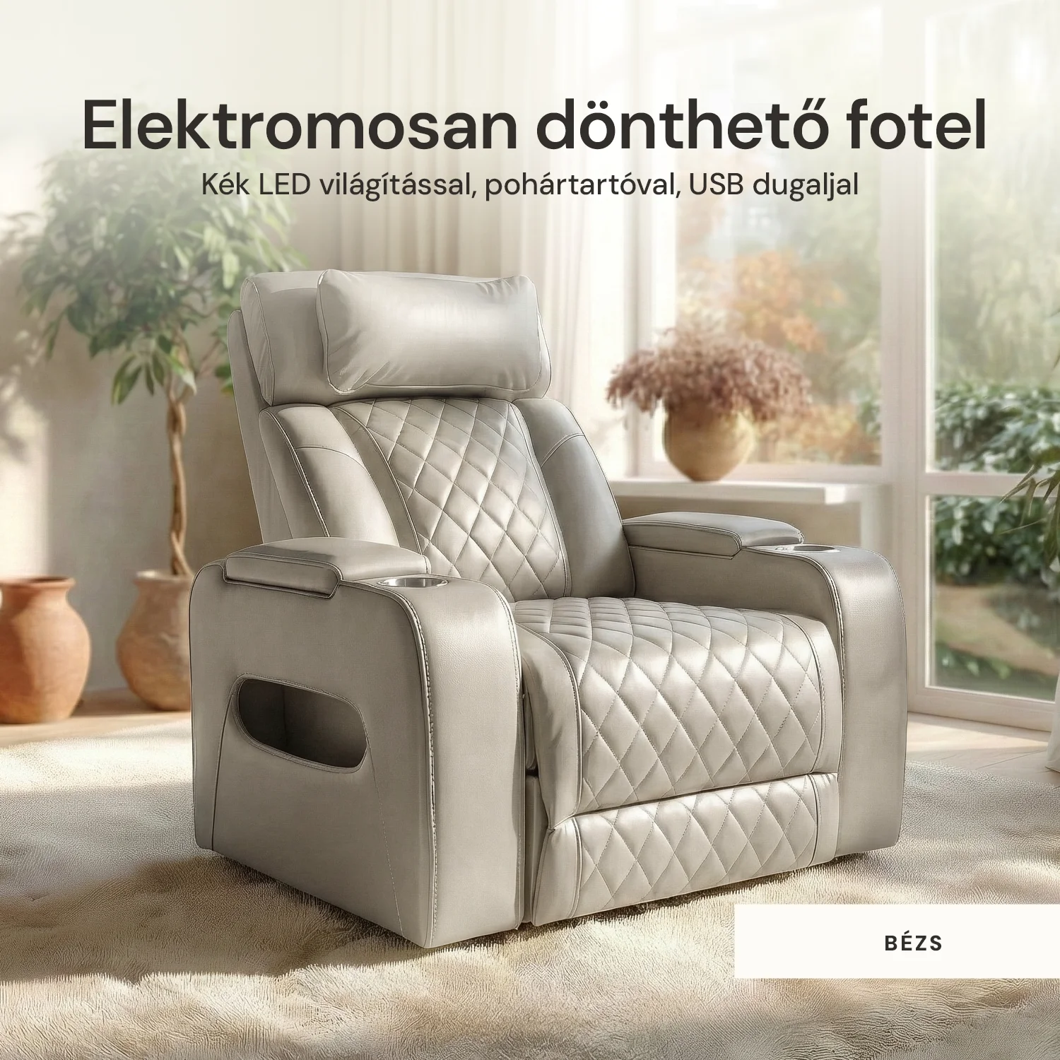 Luxus elektromos relax fotel, lábtartóval, pohártartóval, világítással AirLeather bézs