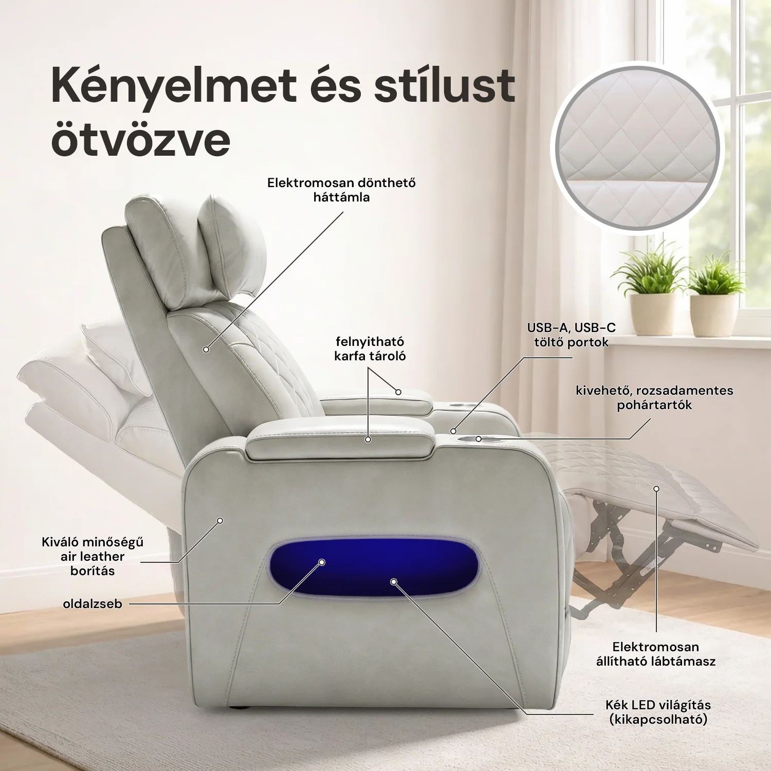 Luxus elektromos relax fotel, lábtartóval, pohártartóval, világítással AirLeather bézs