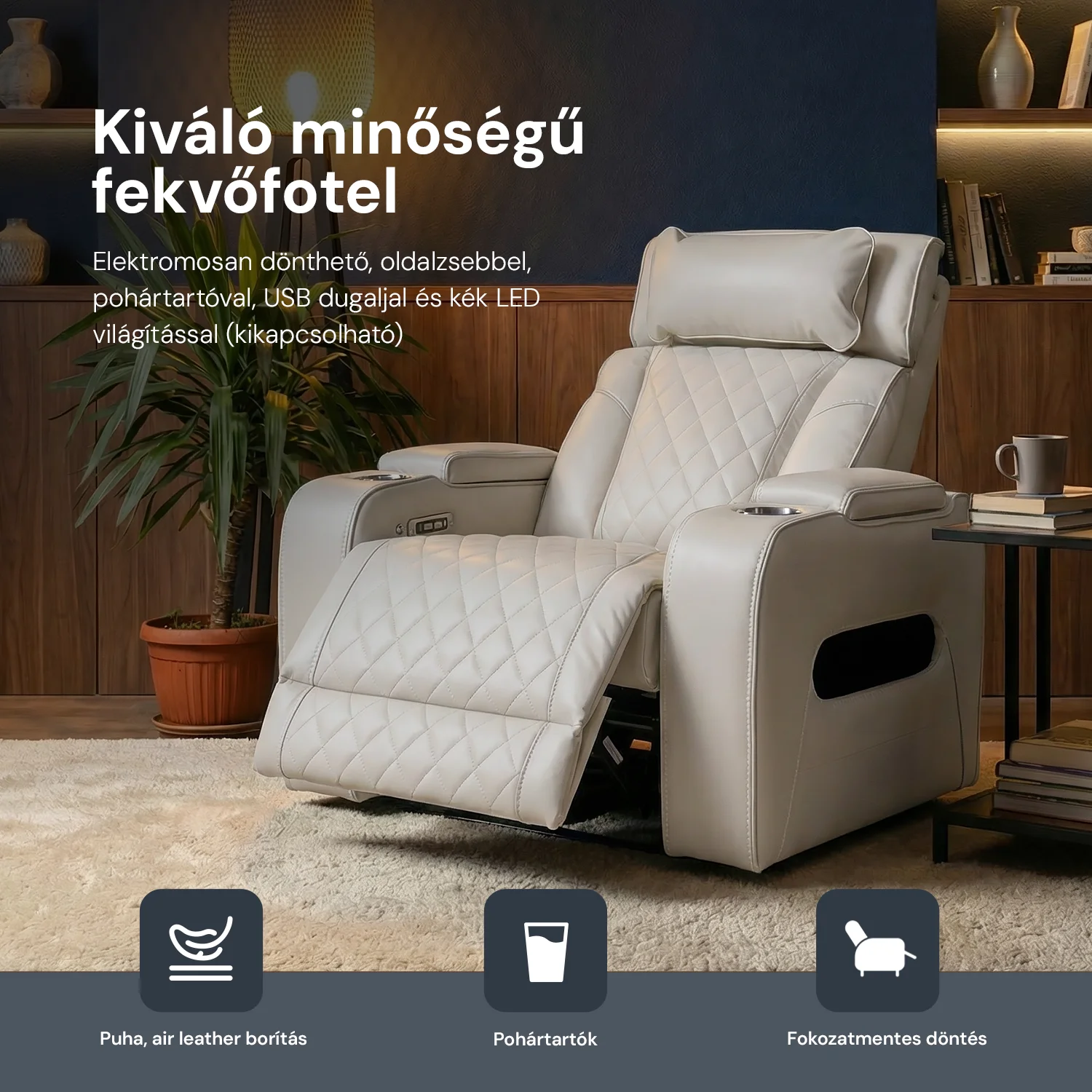 Luxus elektromos relax fotel, lábtartóval, pohártartóval, világítással AirLeather bézs