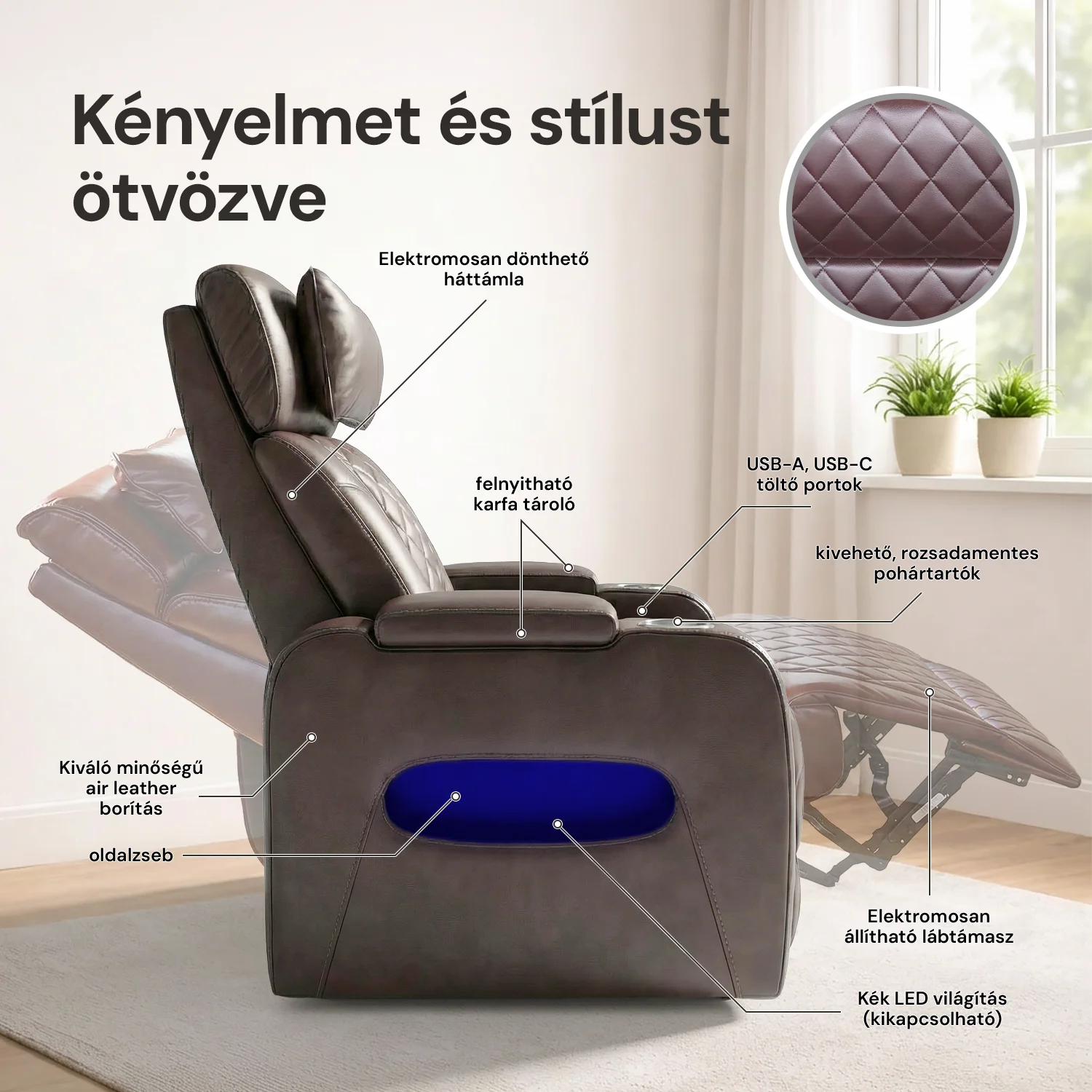 Luxus elektromos relax fotel, lábtartóval, pohártartóval, világítással AirLeather barna