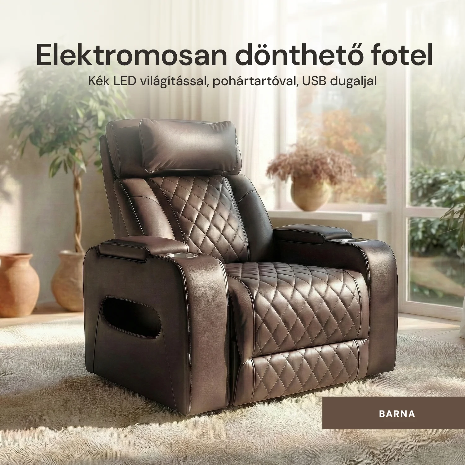 Luxus elektromos relax fotel, lábtartóval, pohártartóval, világítással AirLeather barna