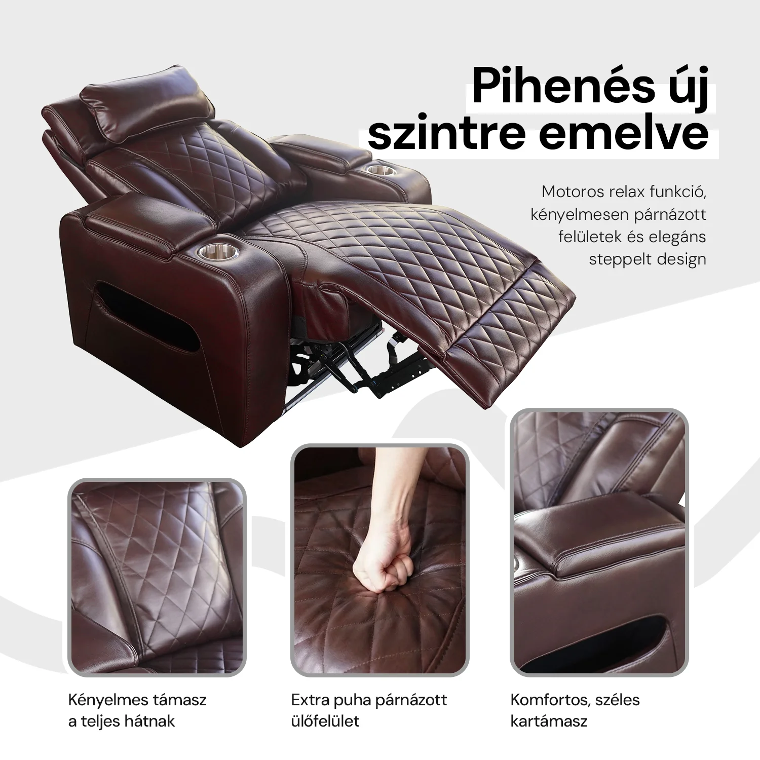 Luxus elektromos relax fotel, lábtartóval, pohártartóval, világítással AirLeather barna