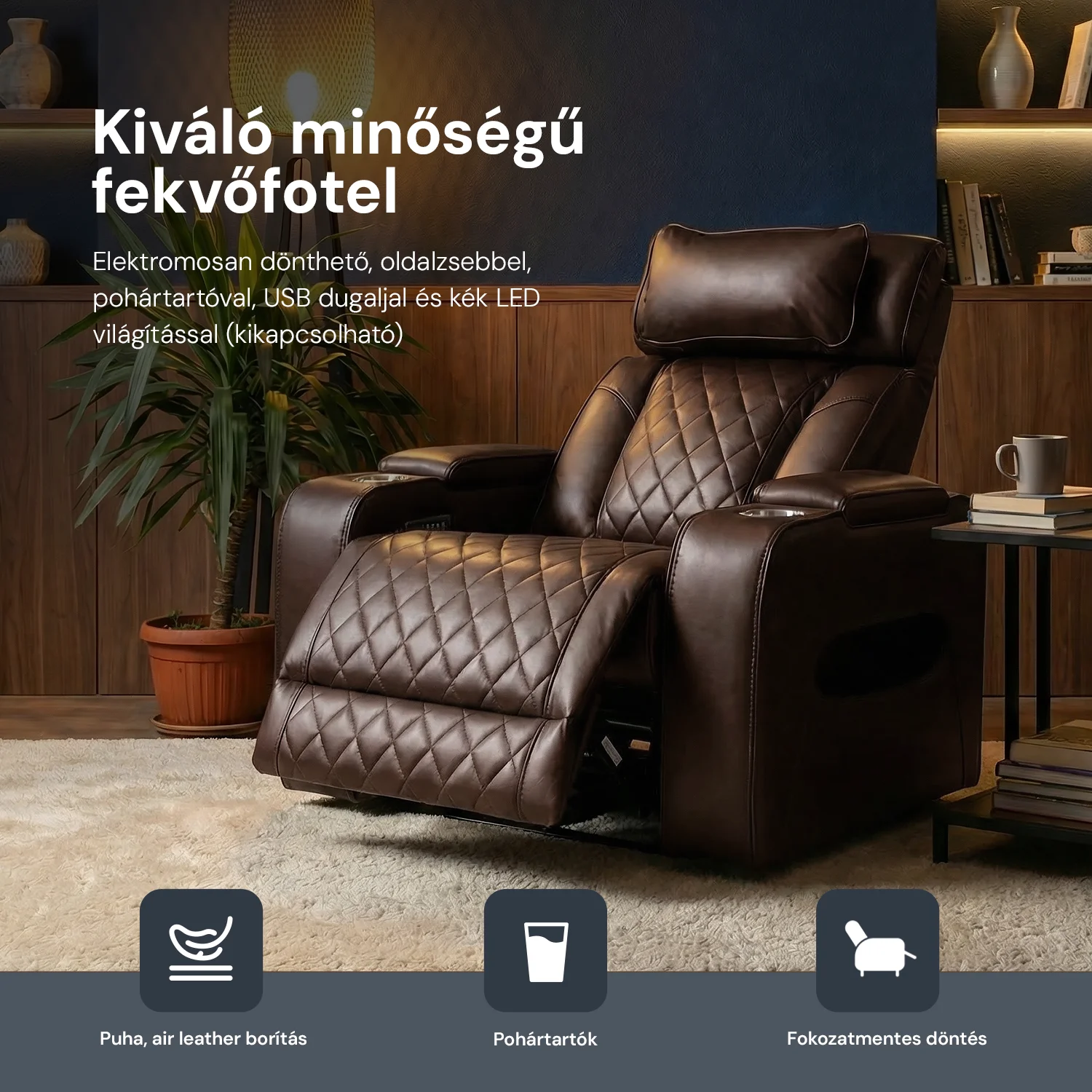 Luxus elektromos relax fotel, lábtartóval, pohártartóval, világítással AirLeather barna