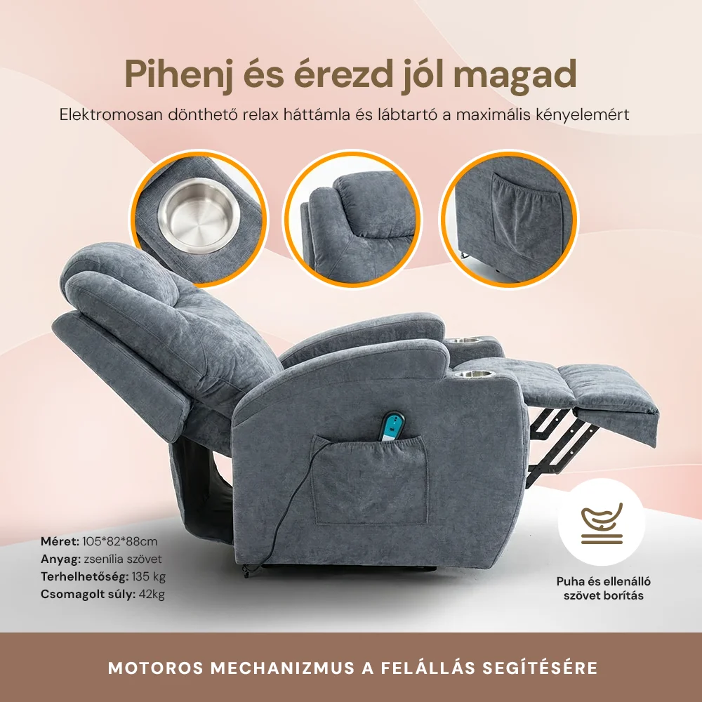 Felállást segítő relax elektromos fotelágy motoros mechanizmus szövet sötétszürke, pohártartóval