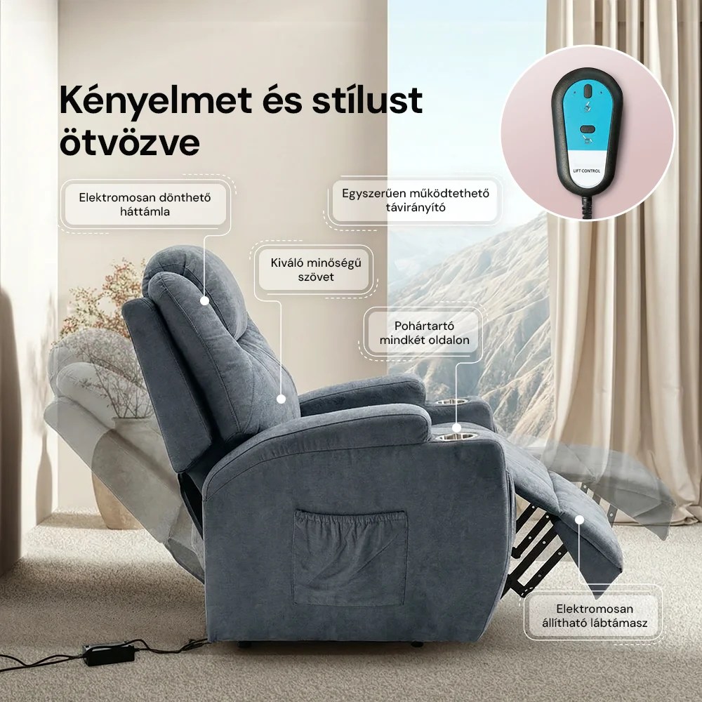 Felállást segítő relax elektromos fotelágy motoros mechanizmus szövet sötétszürke, pohártartóval