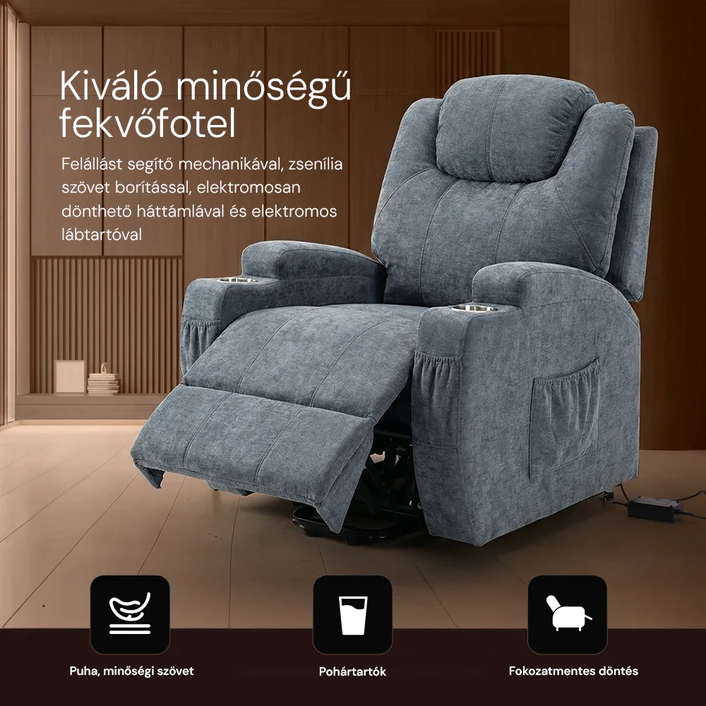 Felállást segítő relax elektromos fotelágy motoros mechanizmus szövet sötétszürke, pohártartóval